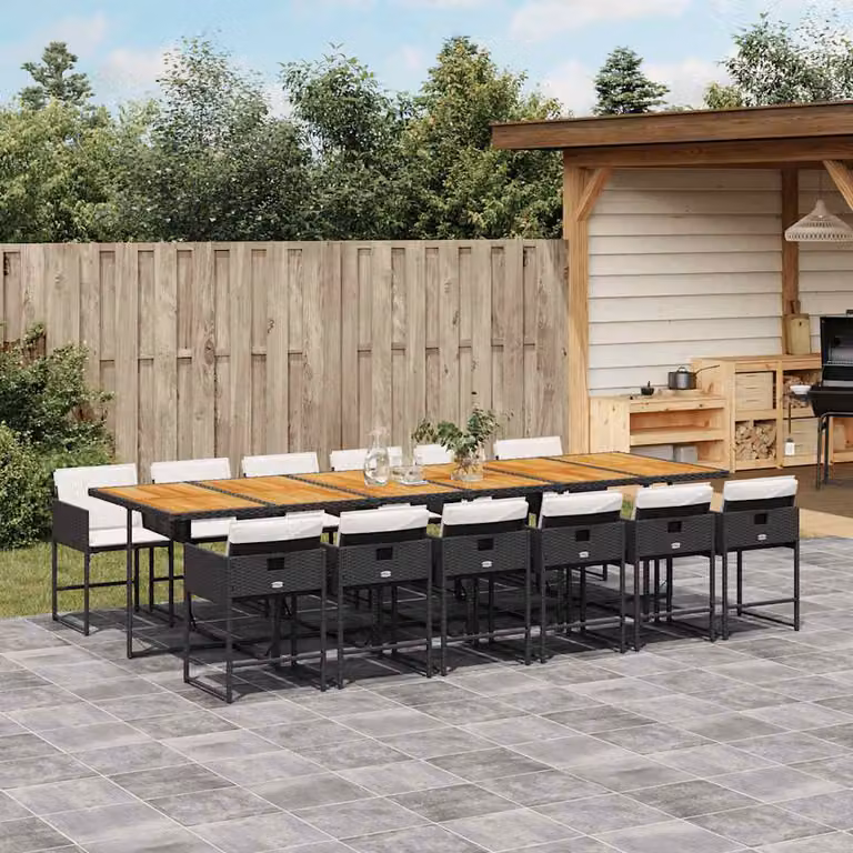 Set da pranzo da giardino vidaXL in polyrattan con cuscini e tavolo in legno di acacia nero