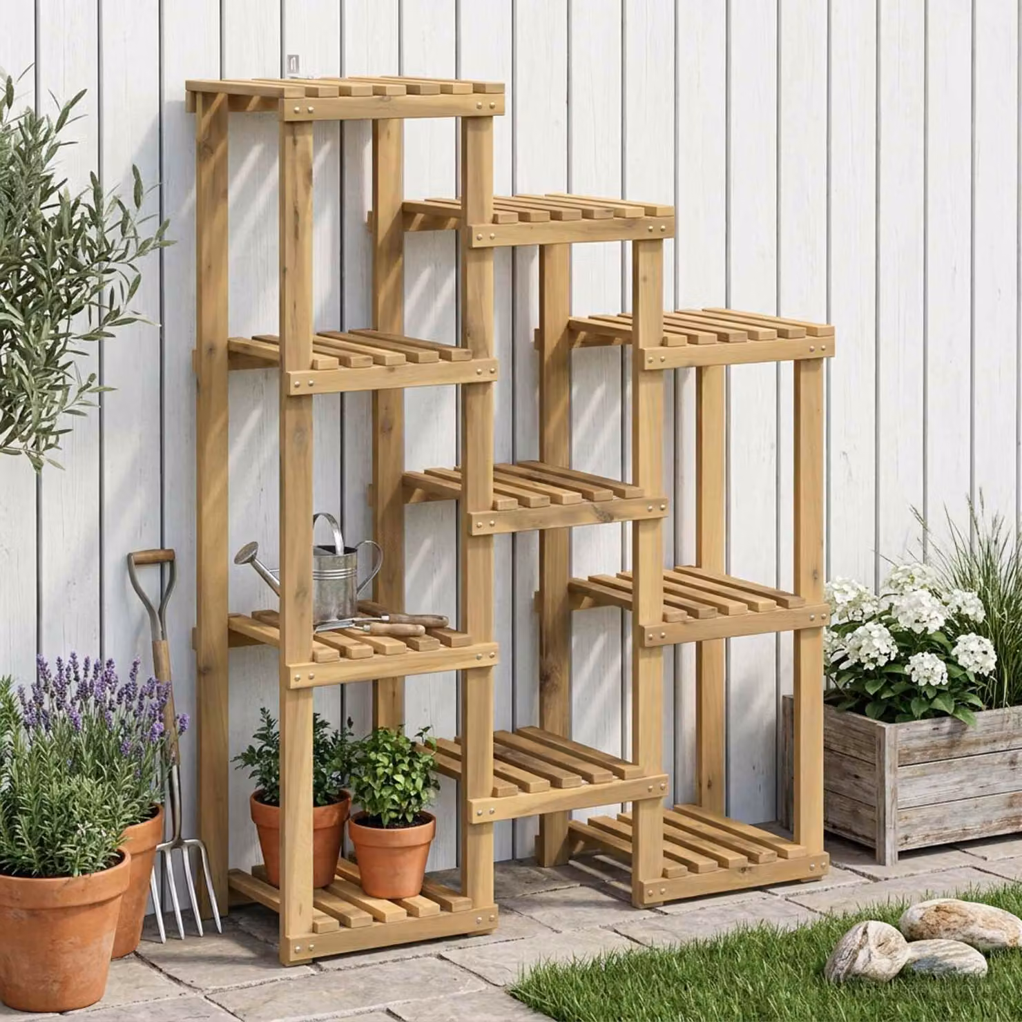 Supporto per piante moderno vidaXL in legno di acacia bianco e marrone L 85 cm x P 30 cm x H 114,5 cm