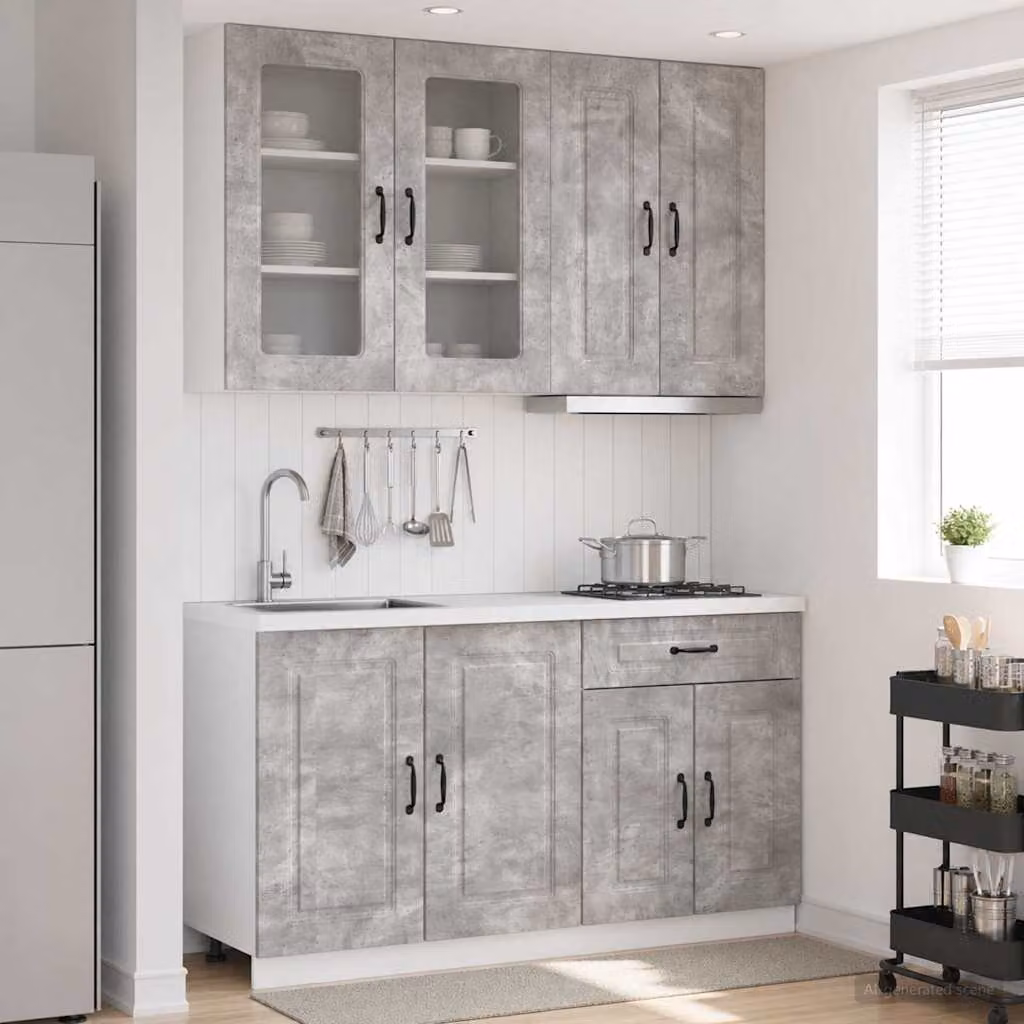 Set di unità cucina moderna vidaXL KALMAR in 4 pezzi, colore grigio, con ante in vetro e finitura opaca, realizzata in MDF