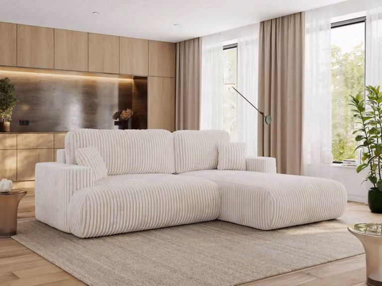 MKS MEBLE divano angolare OVO con funzione letto e box letto, velluto a coste beige, divano a L, divano angolare a 4 posti, 271x195x95 cm - lato destro