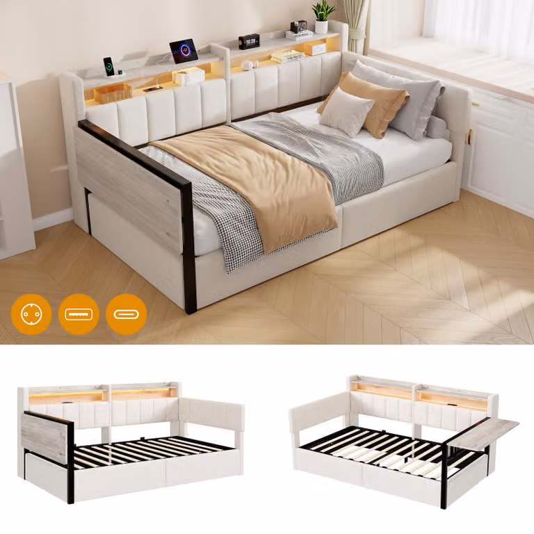 Letto a giorno 90 x 200 cm con spazio contenitore a sollevamento idraulico, luci LED RGB, porte USB e USB-C, tavolino pieghevole e ripiani modulari, rivestito in velluto, colore bianco/grigio