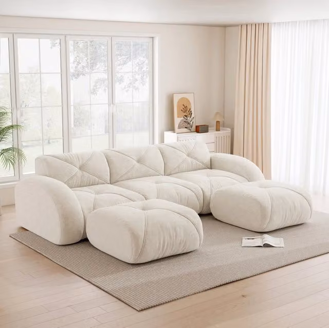 Divano modulare a U 3 posti con 2 pouf in ciniglia senza struttura; beige chiaro