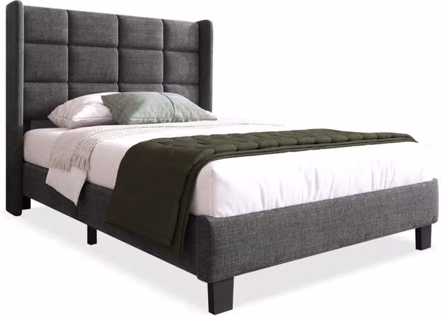 Letto singolo imbottito 90x200 con testiera alta， rete a doghe in legno， struttura in metallo， grigio， ideale per camera da letto， senza materasso