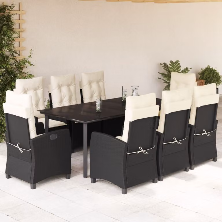 Set da pranzo da giardino vidaXL in polyrattan nero con cuscini e tavolo in vetro per 9 persone