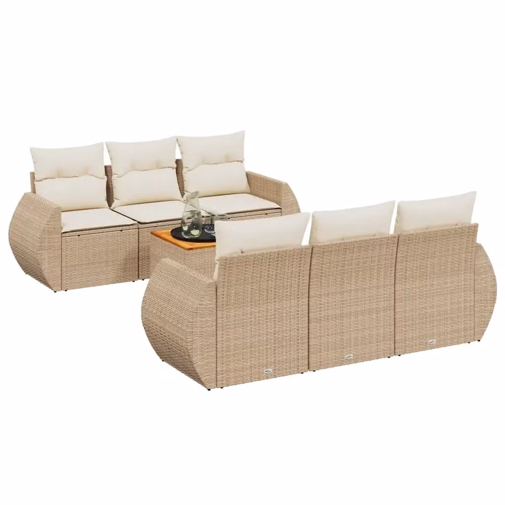 vidaXL Set Divani da Giardino 7 pz in Polyrattan con Cuscini Beige e Tavolino da Esterno – 2