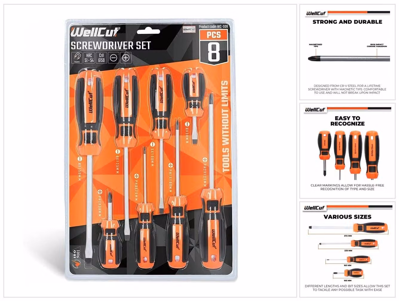 Set di cacciaviti magnetici WellCut, 8 pezzi, scanalatura a croce, acciaio al cromo-vanadio, con impugnature morbide ( WC-SD8 )
