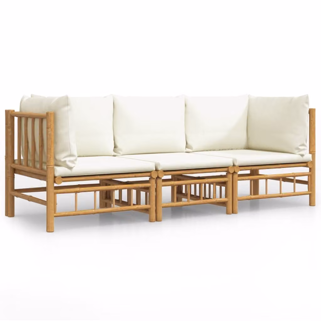 Set Salotto da Giardino 3pz con Cuscini Bianco Crema in Bambù