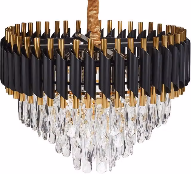 Lampadario a sospensione BELIANI in metallo e cristallo con design glamour, colori nero e oro/ottone, altezza regolabile – 1