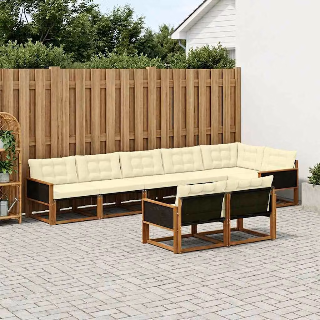 Set di divani da esterno vidaXL 8 pz in legno di acacia con cuscini beige e bianco e rivestimento in textilene, design moderno a L per giardino e terrazza