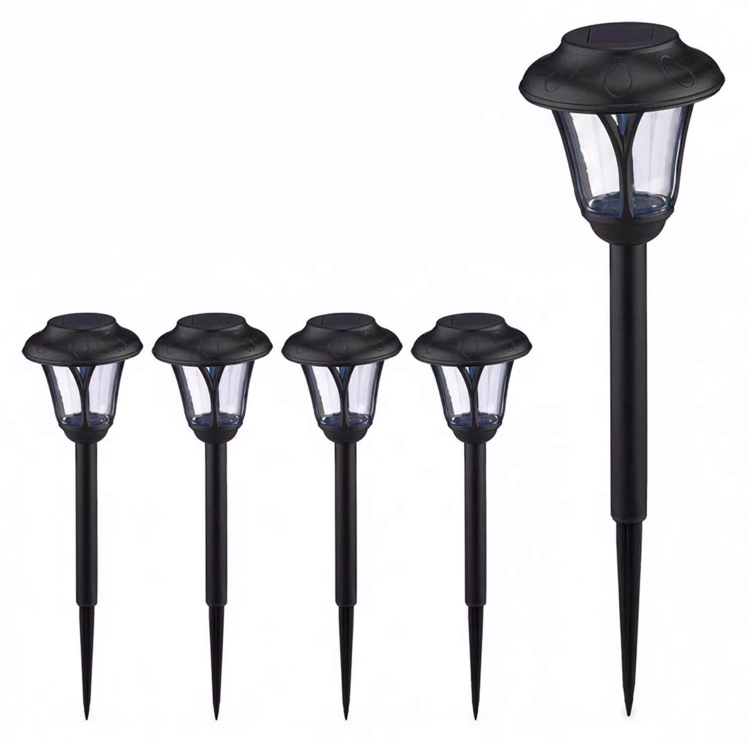 Set di 5 lampade solari Relaxdays, lampada solare a LED con picchetto, A x P: 39 x 11 cm, illuminazione da giardino moderna, per esterni, nero