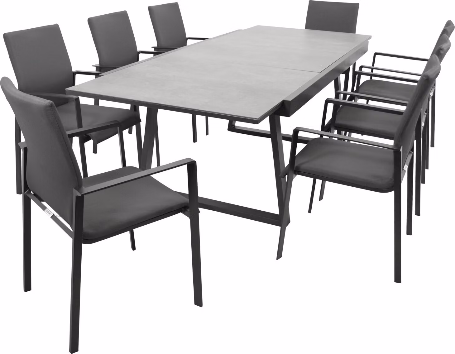 Set da giardino DEGAMO REIMS, 9 pezzi, alluminio grigio scuro + vetro + tessuto sintetico grigio scuro