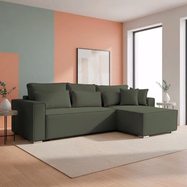 Divano Angolare Emily Verde con Letto Easy Open, Contenitore e Penisola Reversibile in Tessuto - L/P/H: 265 x 159 x 89 cm