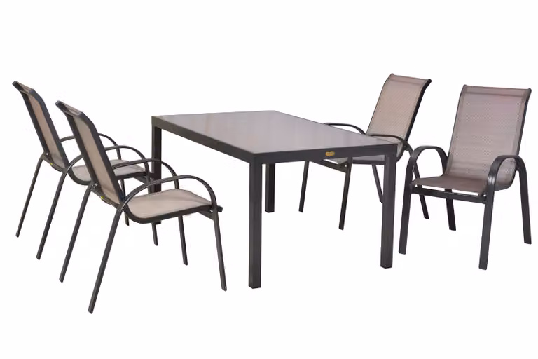 Set di mobili da giardino Merxx Amalfi marrone diamante 5 pezzi, 4 sedie impilabili, 1 tavolo 150 x 90 cm - alluminio/tessuto