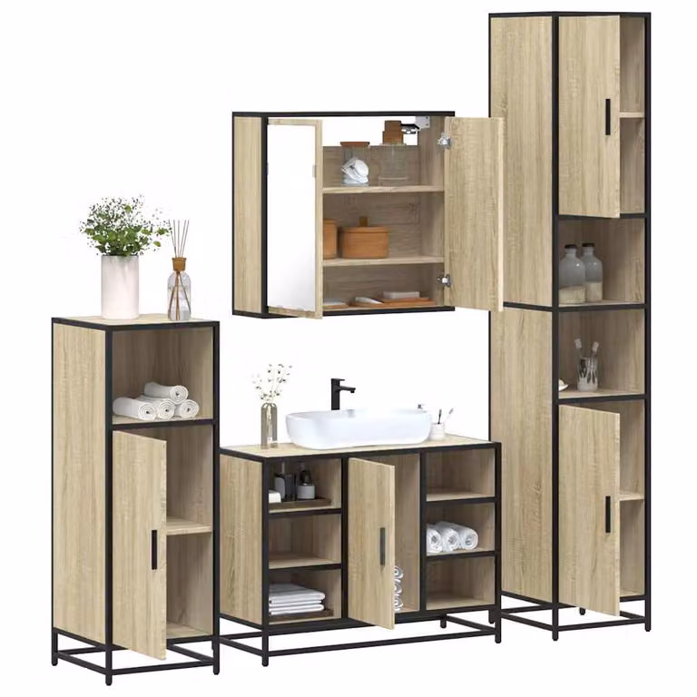 Set di mobili da bagno industrial vidaXL in legno e metallo, 4 pezzi, marrone e beige