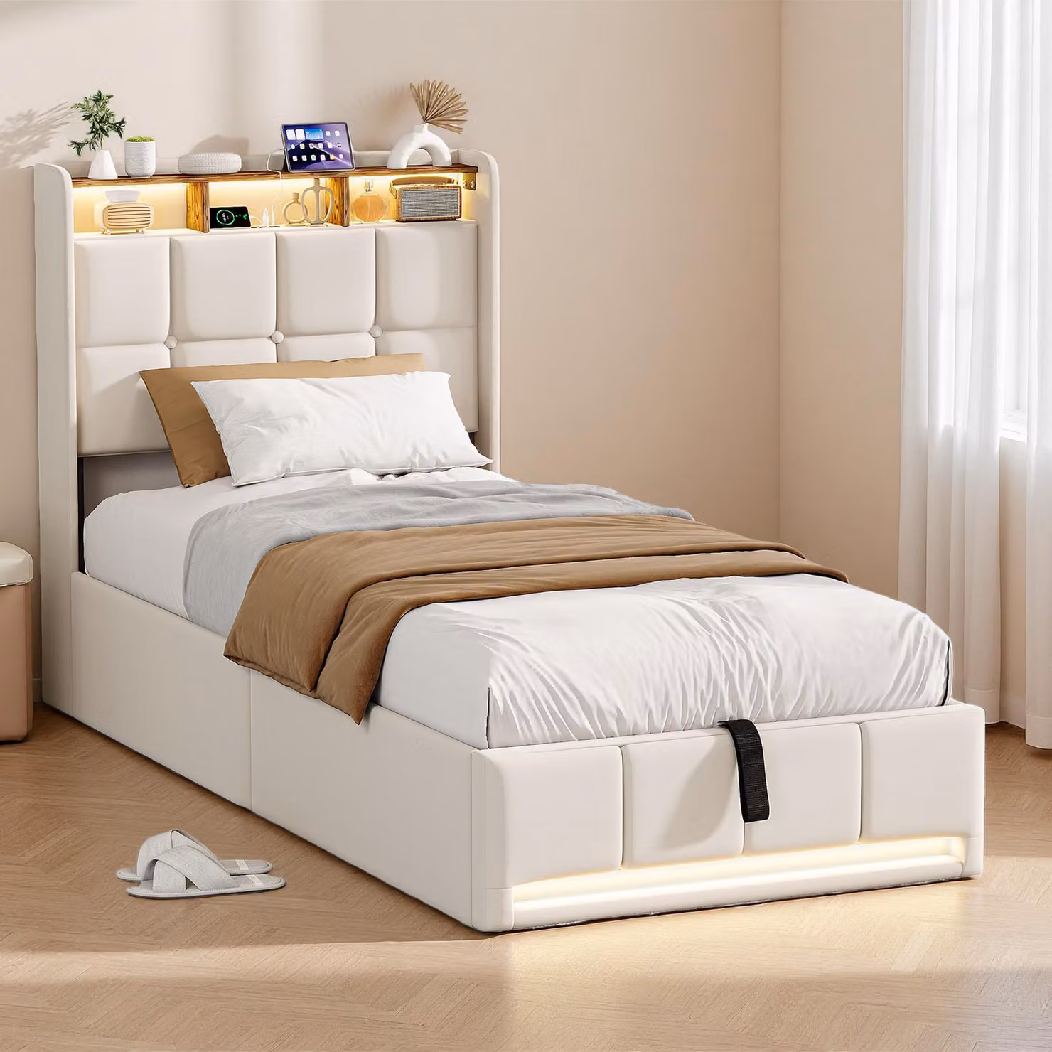 Letto imbottito UnboxG, dimensioni 90x200 cm, con contenitore, sistema di sollevamento idraulico, illuminazione LED, prese di ricarica USB e Type-C, testiera con vano portaoggetti, rete a doghe, rivestito in lino, colore beige