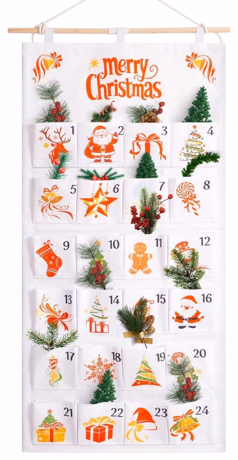 Calendario dell'Avvento da riempire, in tessuto, con 24 tasche, da appendere. Calendario di Natale, dimensioni 100x50 cm