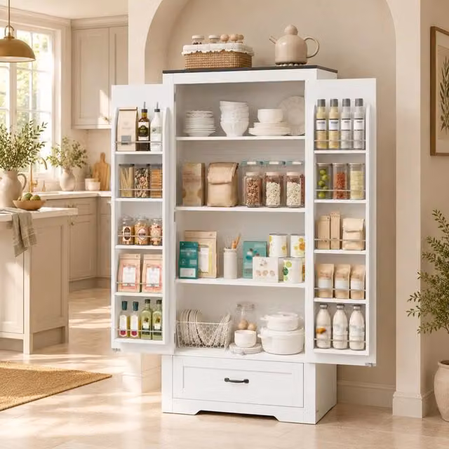 Credenza da cucina alta con 2 ante, 1 cassetto e ripiani regolabili, stile rustico, in MDF bianco, 80 × 35 × 183 cm