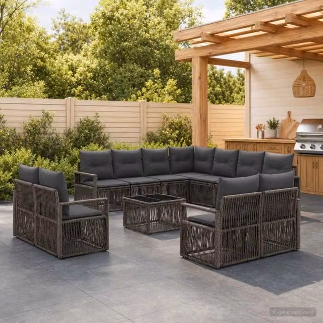 Set Divano da Giardino vidaXL a Forma a U Grigio con Tavolino e Cuscini in Polyrattan e Acciaio