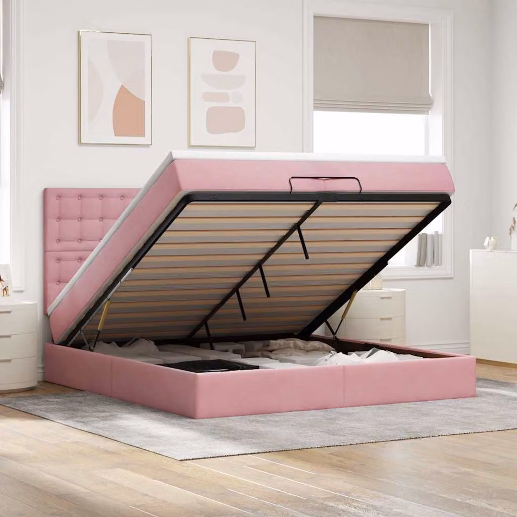 Letto con contenitore e pouf vidaXL in velluto rosa e bianco, con base a sollevamento, illuminazione sottostante e porta di ricarica USB, L/P/H: 200 x 200 x 128 cm
