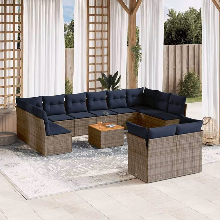 Set di divani da giardino vidaXL in polyrattan con cuscini grigi e tavolino da esterno, composizione a forma di U composta da 13 pezzi