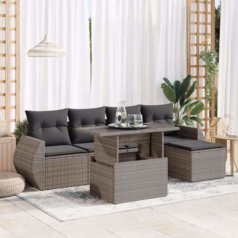Set Divano da Giardino vidaXL 6 pz in Polyrattan Grigio con Cuscini e Tavolino da Esterno a Forma di L