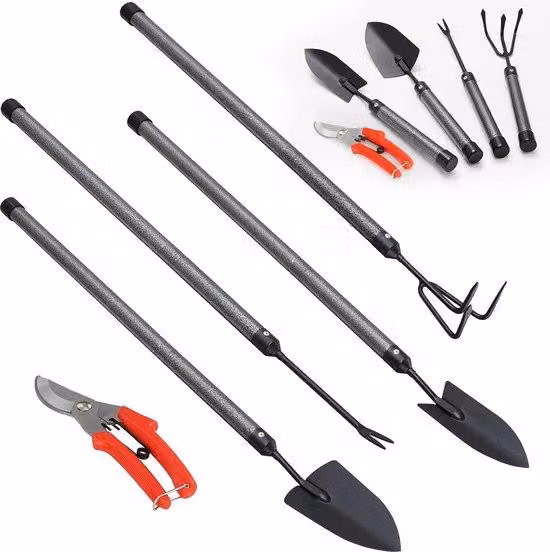 Set di 5 utensili da giardino Unyqoos®, in acciaio inossidabile, con manico regolabile e prolunghe (fino a 16 mm) – paletta da giardino, zappa manuale, sradicatore di erbacce, forbici da giardino