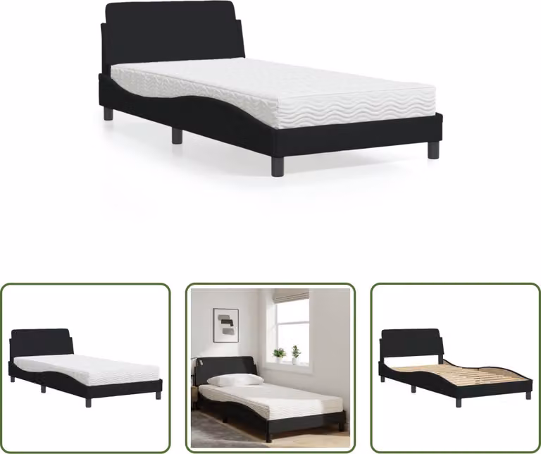 The Living Store Letto con materasso nero 100x200 cm in tessuto