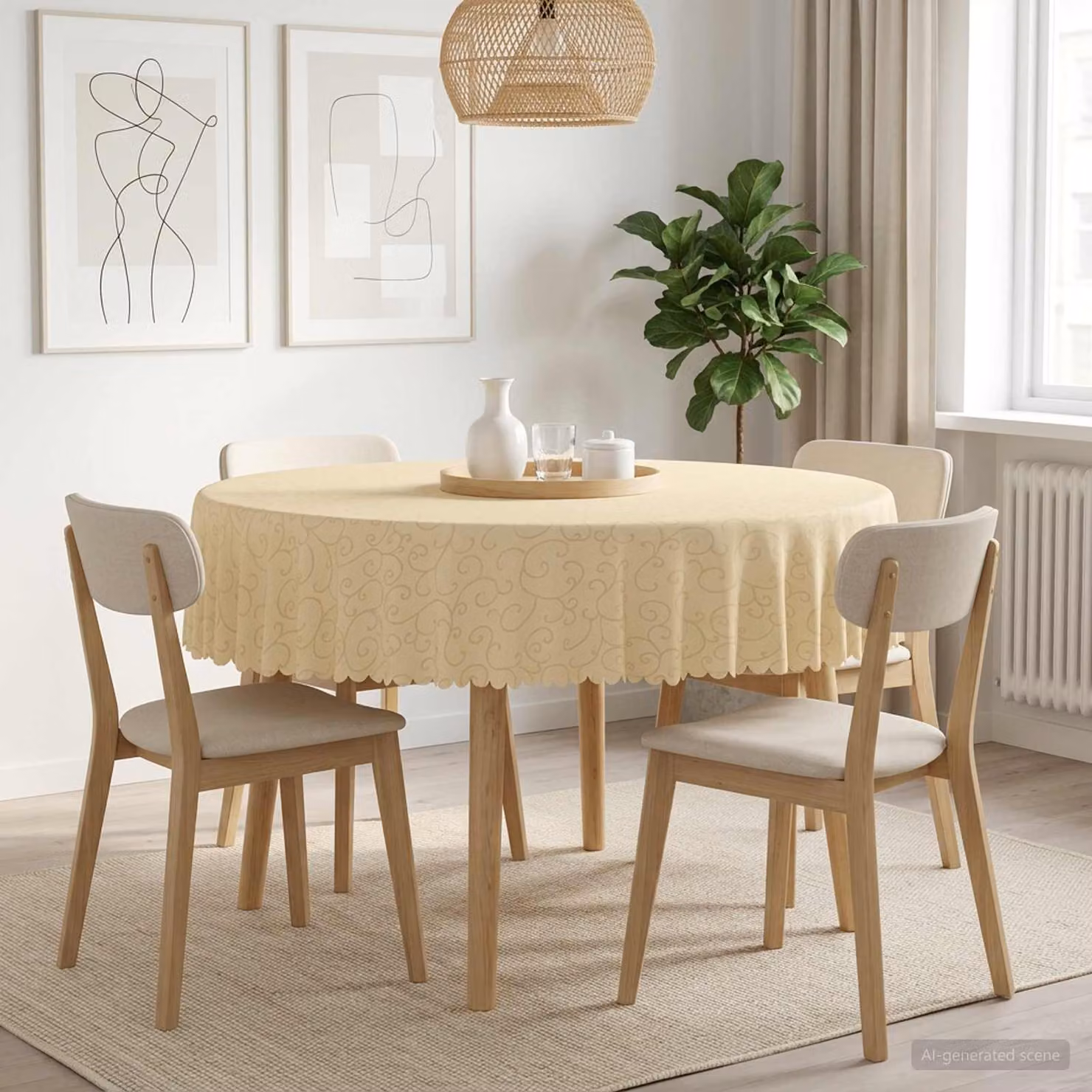 Tovaglia Rotonda vidaXL in Jacquard con Motivo Floreale, Bianco Crema, Ø 160 cm
