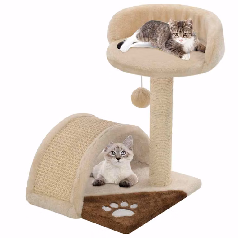 Albero per gatti vidaXL con tiragraffi in sisal, giocattoli integrati e cuccia, beige, marrone e nero