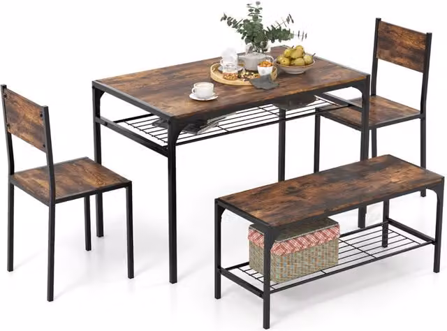 Set da pranzo 4 pezzi con telaio in metallo ripiano portaoggetti, Tavolo da pranzo con 2 sedie panca per 4 persone Marrone-Tavoli e sedie da pranzo