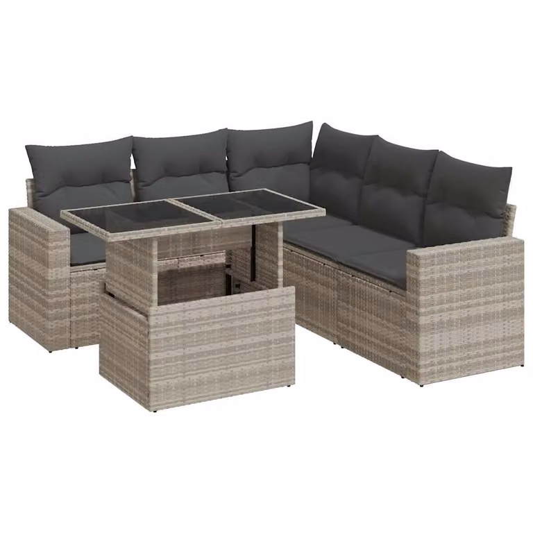 Set Divano da Giardino 6pz con Cuscini Grigio Chiaro Polyrattan