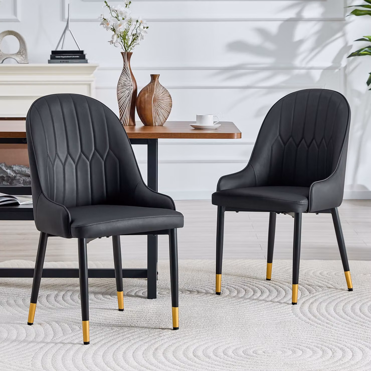 Set di 2 sedie da pranzo, in PU, con schienale a motivo "fulmine", impermeabili, facili da pulire, imbottitura spessa (colore nero)