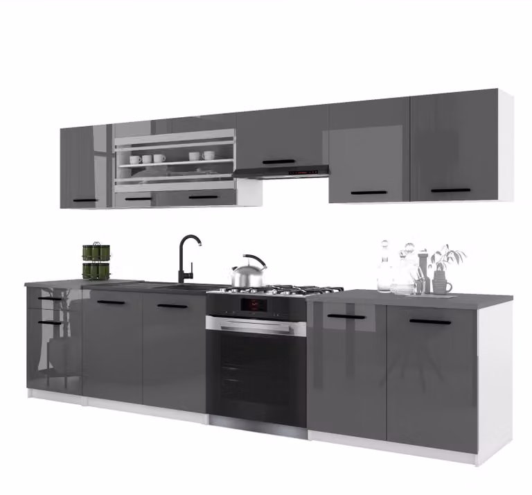 Belini - Angolo cottura moderno ITALIA 4 - Mobili da cucina 260 cm grigio lucido - Cucina componibile con pensili, mobili base e piani di lavoro