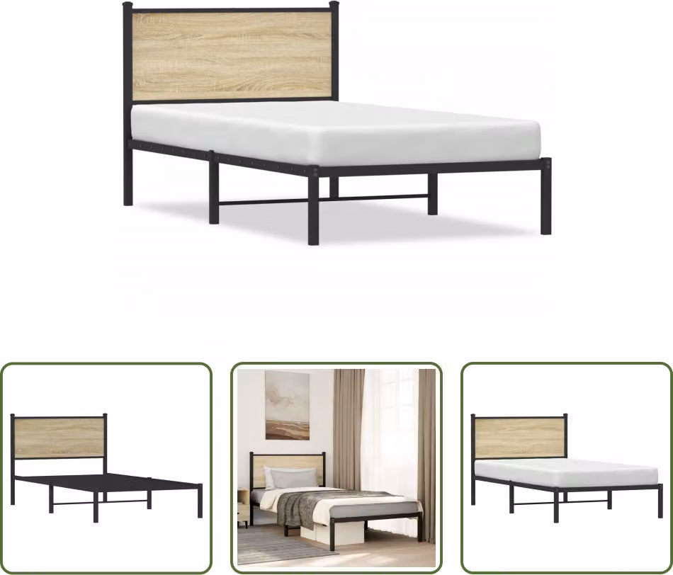 The Living Store Struttura letto con testiera in metallo rovere Sonoma 107x203 cm