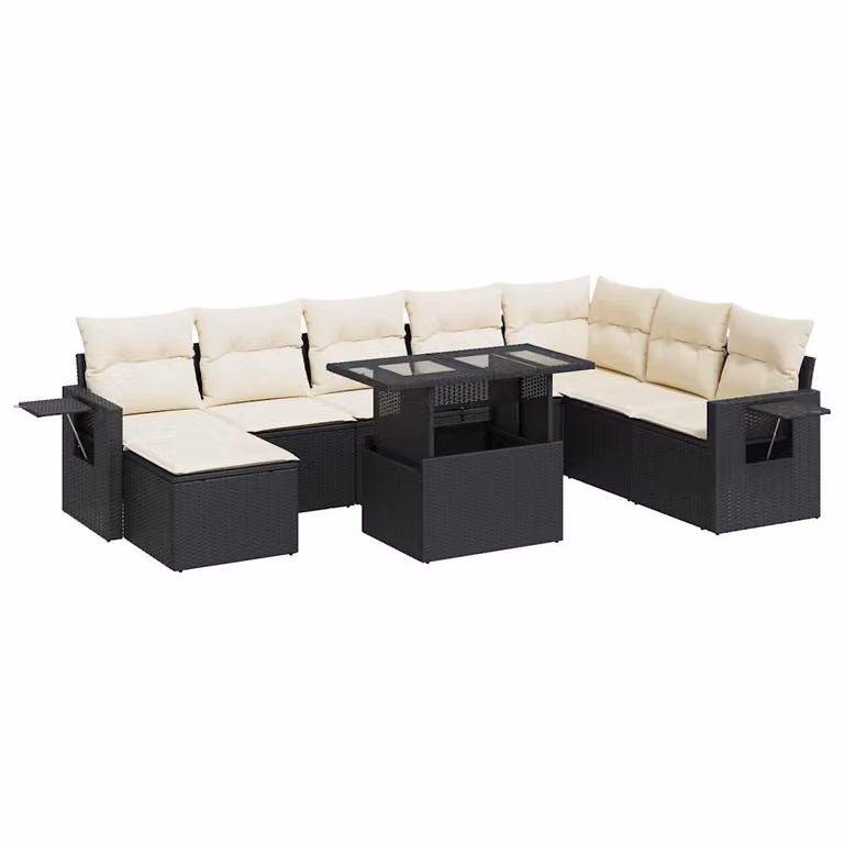 Set Divani da Giardino 9 pz con Cuscini Nero in Polyrattan