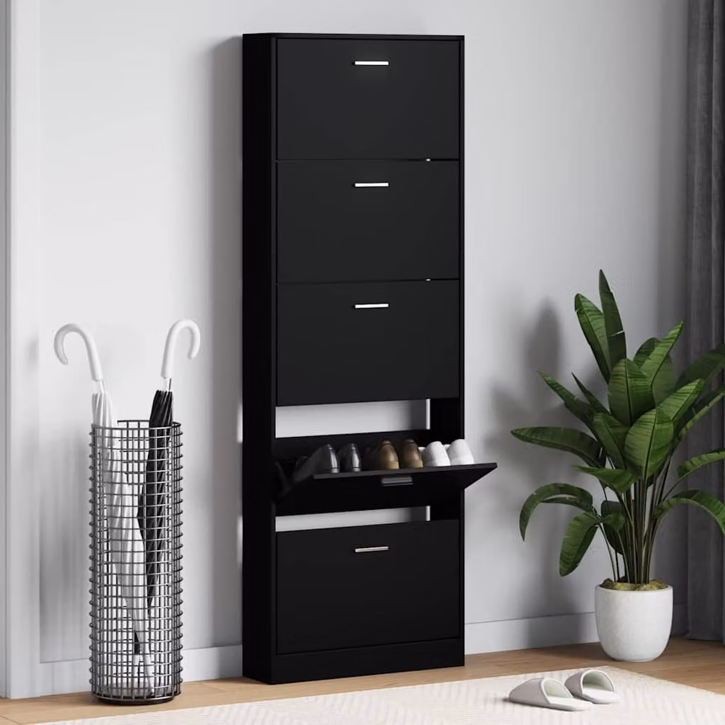 Scarpiera moderna vidaXL nera con ripiani interni e vani a ribalta in legno, L/P/H: 59 x 17 x 169 cm