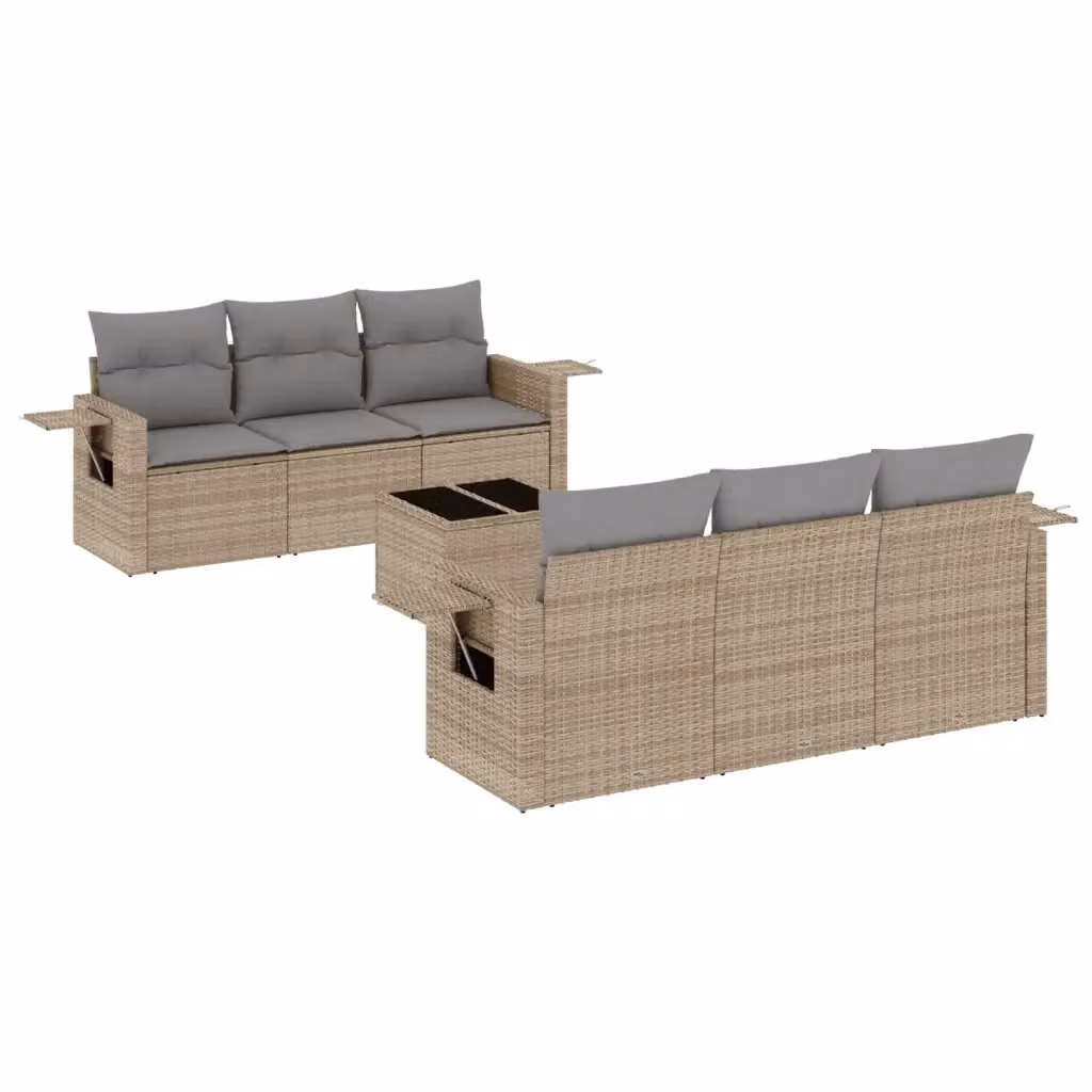 vidaXL Set Divani da Giardino 7 pz a Forma a L con Cuscini Beige e Tavolino in Polyrattan e Acciaio – 2