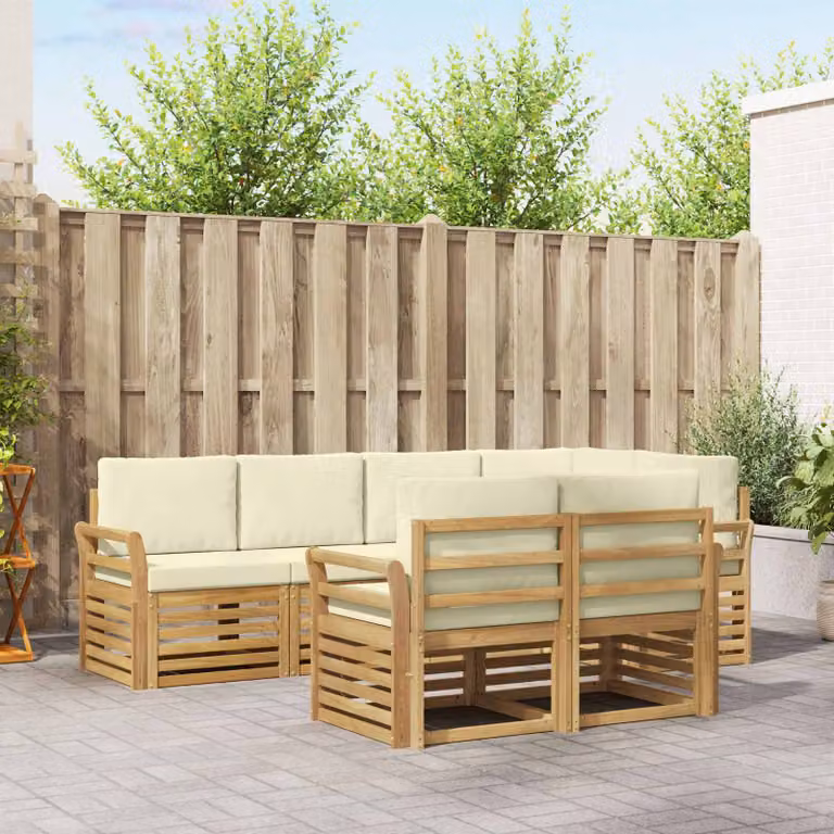 Set di divani da esterno vidaXL a forma di L composto da 7 pezzi in legno di acacia con cuscini bianchi e beige