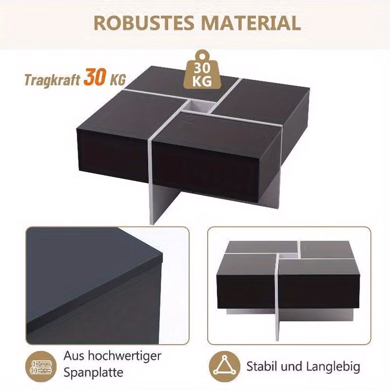 Tavolino da salotto 70x70x35 cm – Tavolino con 4 cassetti – Metallo nero e bianco lucido