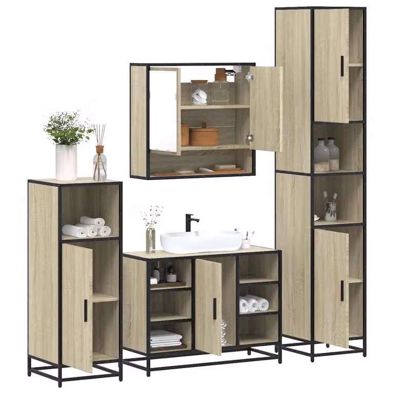 Set di mobili da bagno industrial vidaXL composto da 4 pezzi in legno e metallo, colore marrone e beige