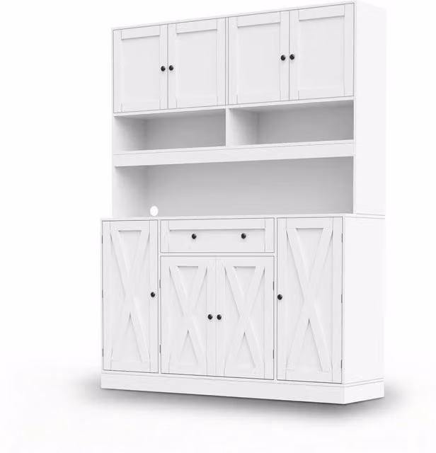 Credenza da cucina alta con piano di lavoro, cassetto, ripiani regolabili e presa elettrica, bianca, 140 × 40 × 185 cm
