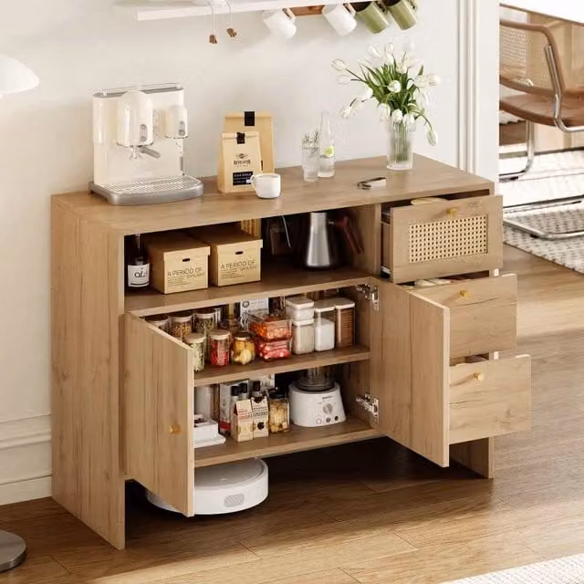 Madia Credenza in Legno con 2 Ante, 3 Cassetti in Rattan Intrecciato e Maniglie Dorate, 105x40x76 cm
