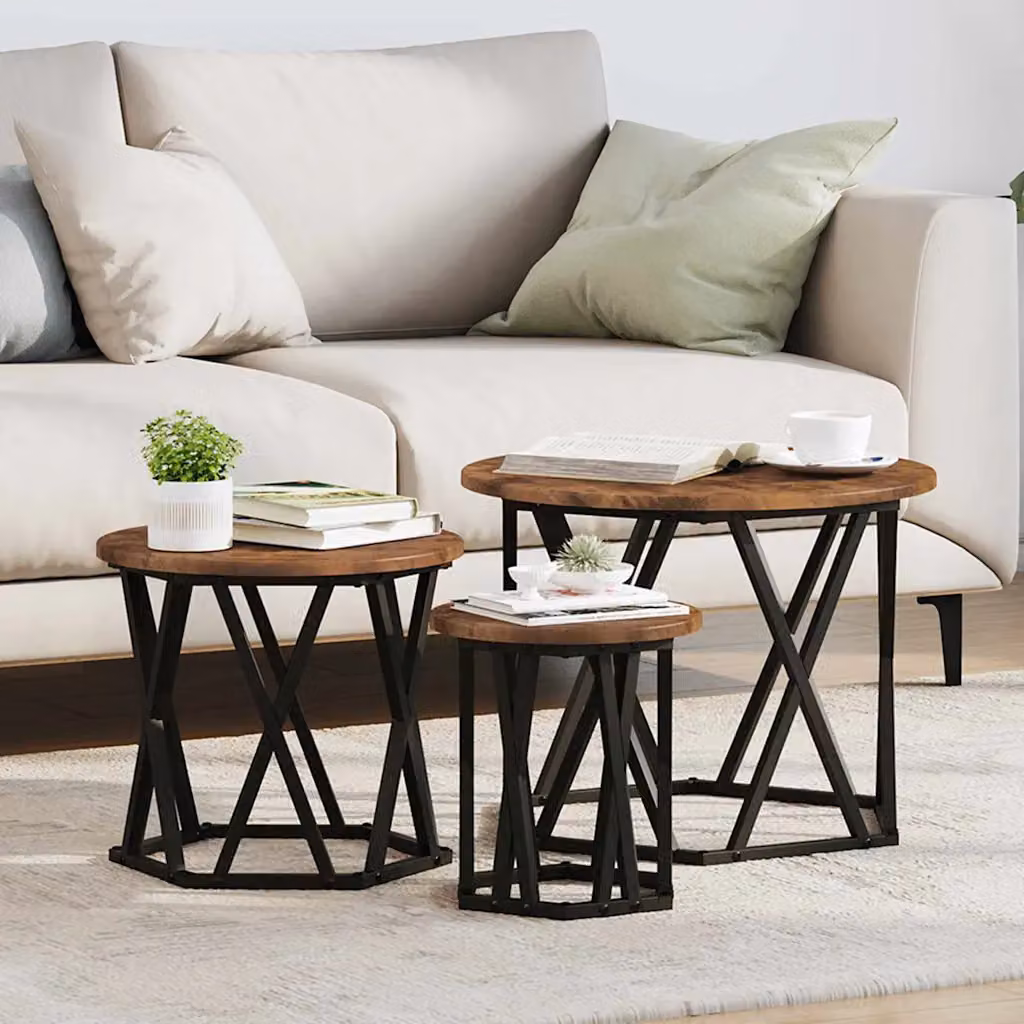Set di 3 tavolini laterali nesting vidaXL in legno e metallo, colore rovere fumé e nero, L/P/H: 53 x 53 x 40 cm