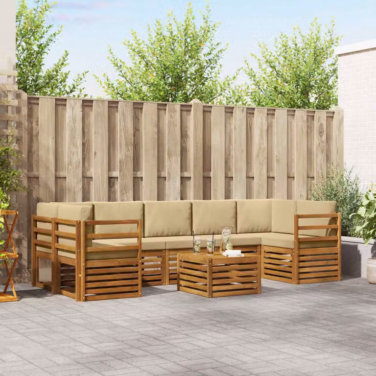 Set di divani da esterno vidaXL 8 pz in legno di acacia con tavolo da caffè e cuscini, beige e naturale