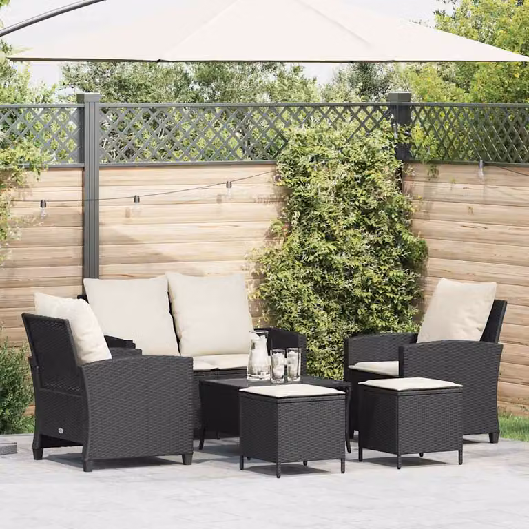 Set Divano da Giardino vidaXL 6 pz in Polyrattan Nero con Cuscini e Tavolino da Esterno