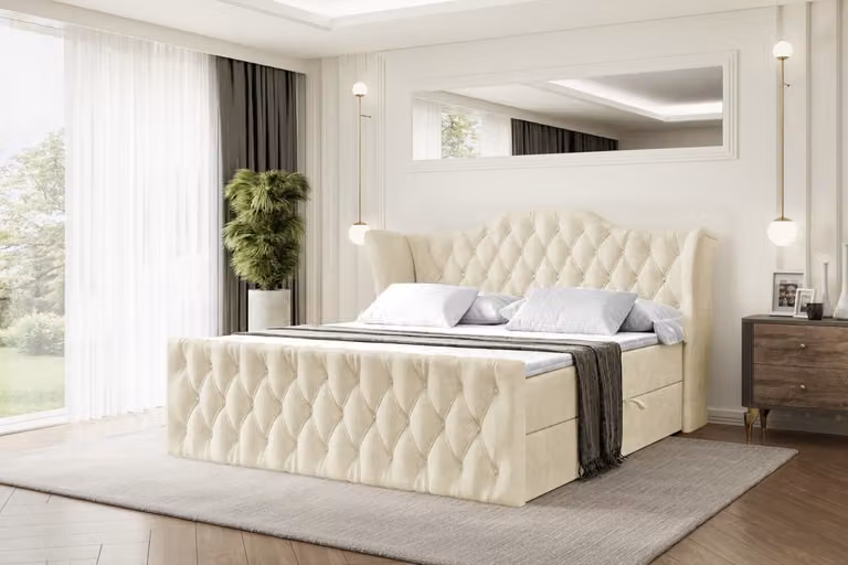 Letto boxspring ALTDECOR VILA-Z, letto imbottito con testiera, contenitore e pediera - Materasso a media rigidità (H3) - 120x200 - Velluto beige