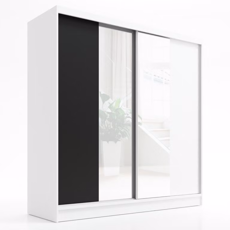 Armadio a battente, 2 ante, con specchio, modello SOLO 200 (bianco, bianco, nero)
