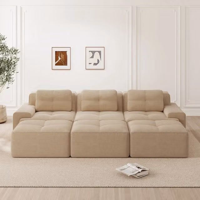 Divano panoramico modulare MIVRAY beige con funzione letto e seduta profonda in tessuto per soggiorno L: 293 cm, P: 82,2 cm, H: 69 cm