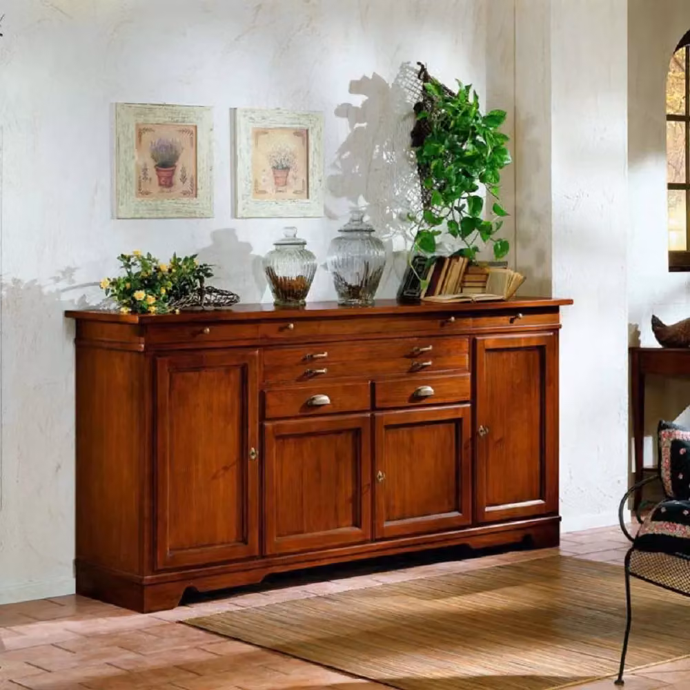Madia credenza Mobili 2G in legno di tiglio massello con 4 porte e 7 cassetti colore marrone L: 222 cm, P: 52 cm, H: 108 cm – 2
