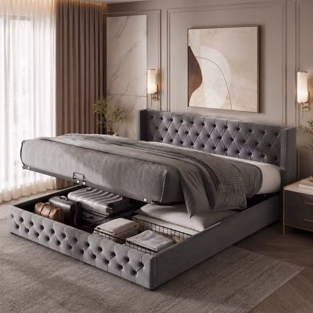 Letto matrimoniale imbottito 180x200 cm con testiera a orecchie stile Chesterfield e contenitore idraulico, velluto, grigio